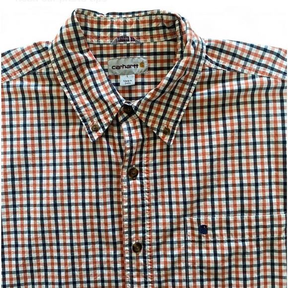 Men’s Carhartt Orange And Navy Plaid Casual Button-up Shirt Sleeve Shirt Size L - Picture 2 of 4